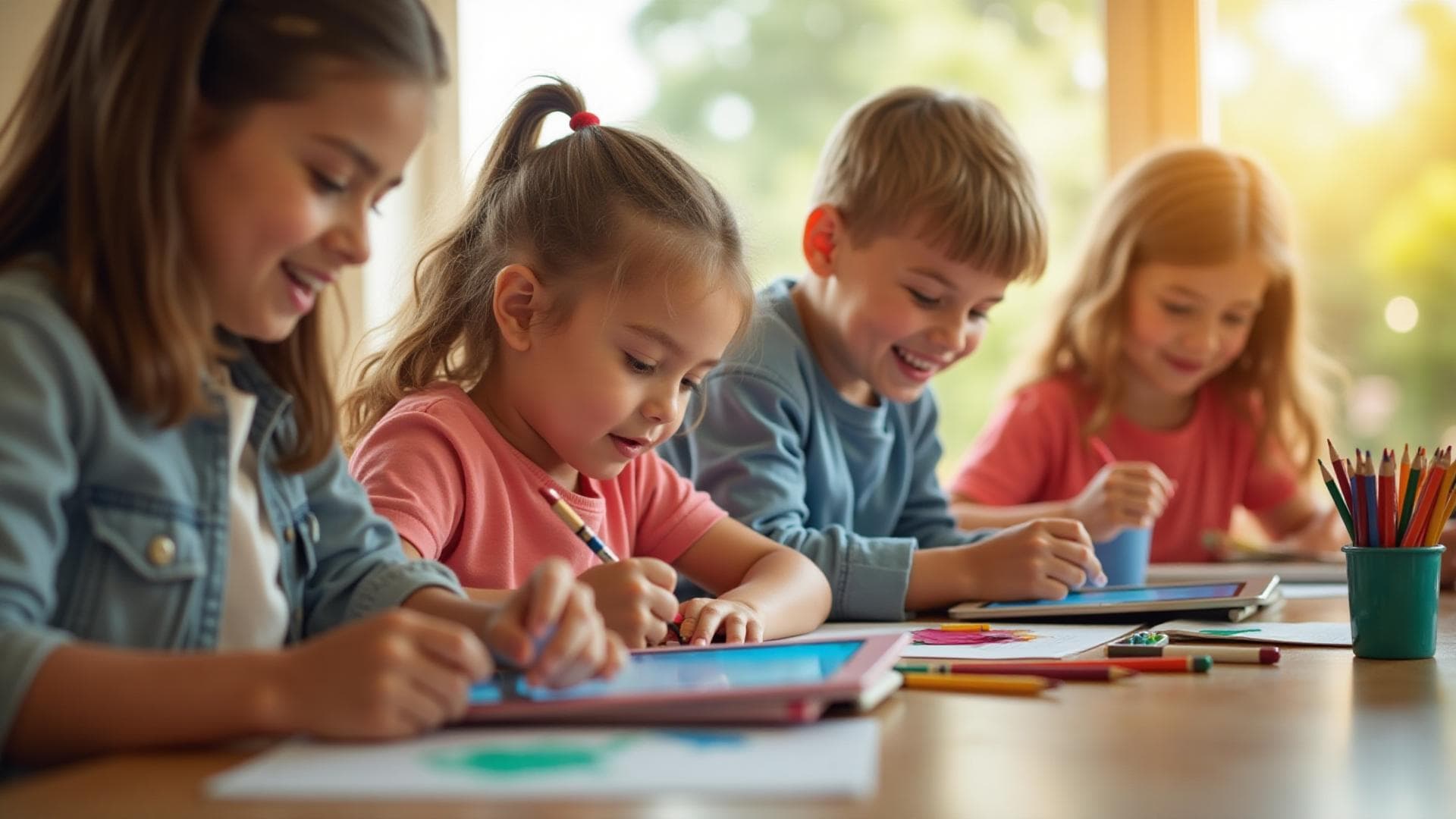 Children learning together in a bright, joyful classroom
